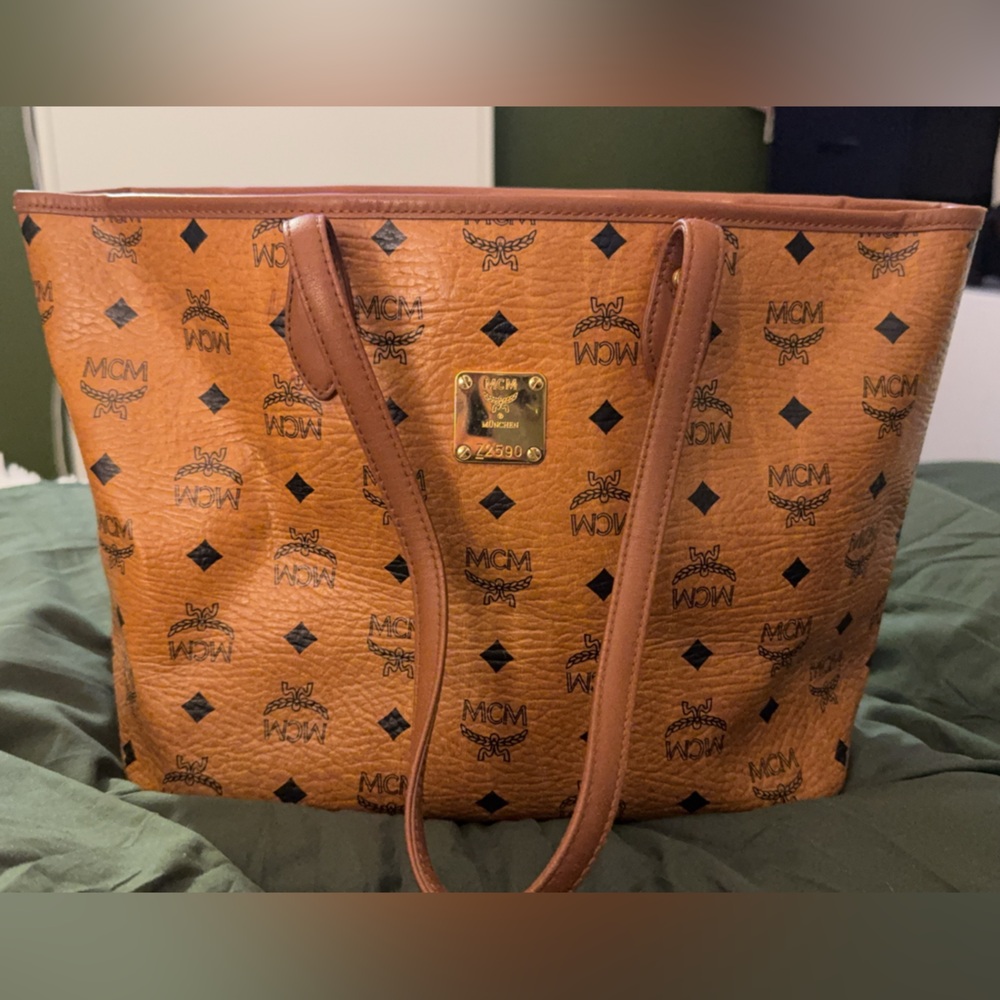 MCM Cognac Leather Tote with Logo Print